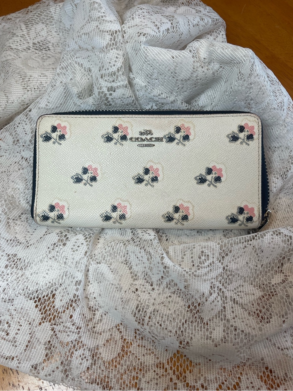 Coach 52777 Accordion Zip Around Wallet Mini Floral Print White Leather
